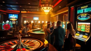 Adegan kasino yang mendebarkan menampilkan para penjudi yang menikmati permainan 'datukwin' dengan meja roulette dan poker yang berwarna-warni.