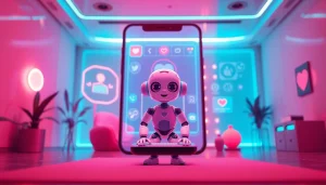 AI Slut character interacts in a futuristic, vibrant dating app environment, showcasing advanced AI technology.