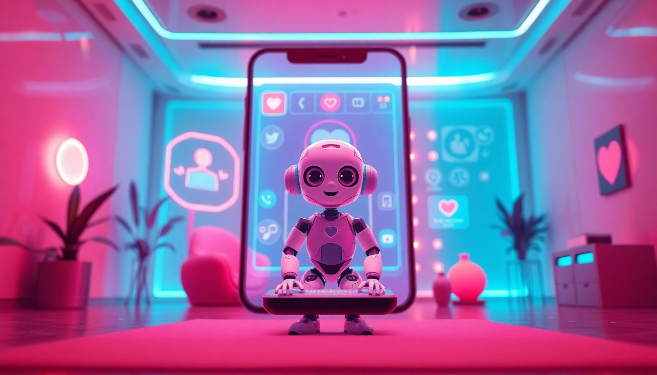 AI Slut character interacts in a futuristic, vibrant dating app environment, showcasing advanced AI technology.