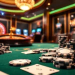 Experience thrilling poker action at 13Win with chips and cards in a luxurious casino setting.