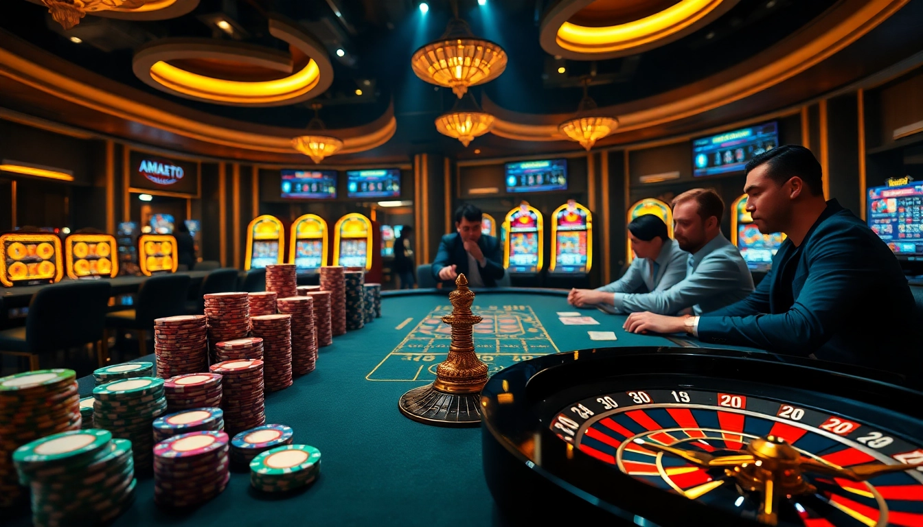 Exciting casino scene with high-stakes tables featuring amanahtoto poker chips and roulette wheel.