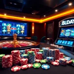 8DAY's thrilling casino atmosphere with vibrant poker chips and roulette wheel spinning.