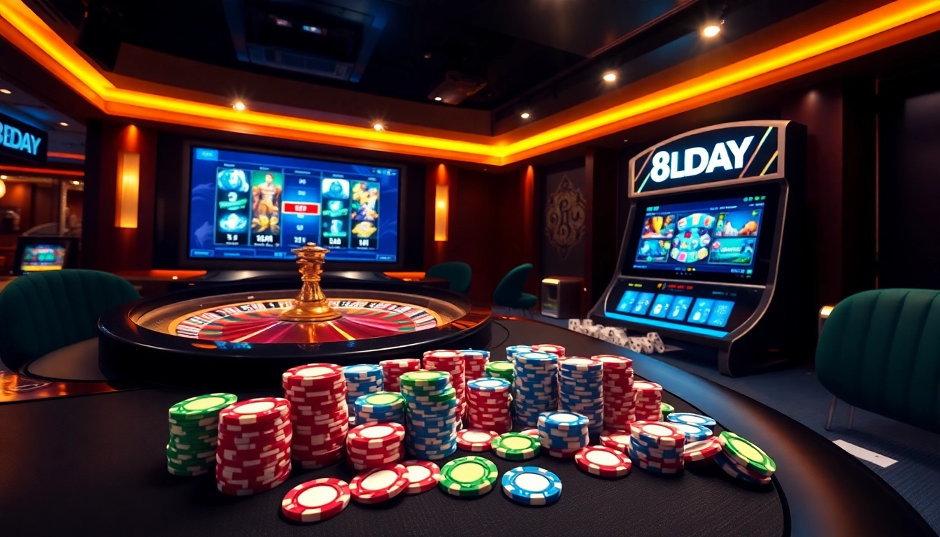 8DAY's thrilling casino atmosphere with vibrant poker chips and roulette wheel spinning.