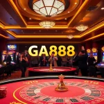Experience the excitement of GA888 with players enjoying poker and slot machines in a luxurious casino setting.