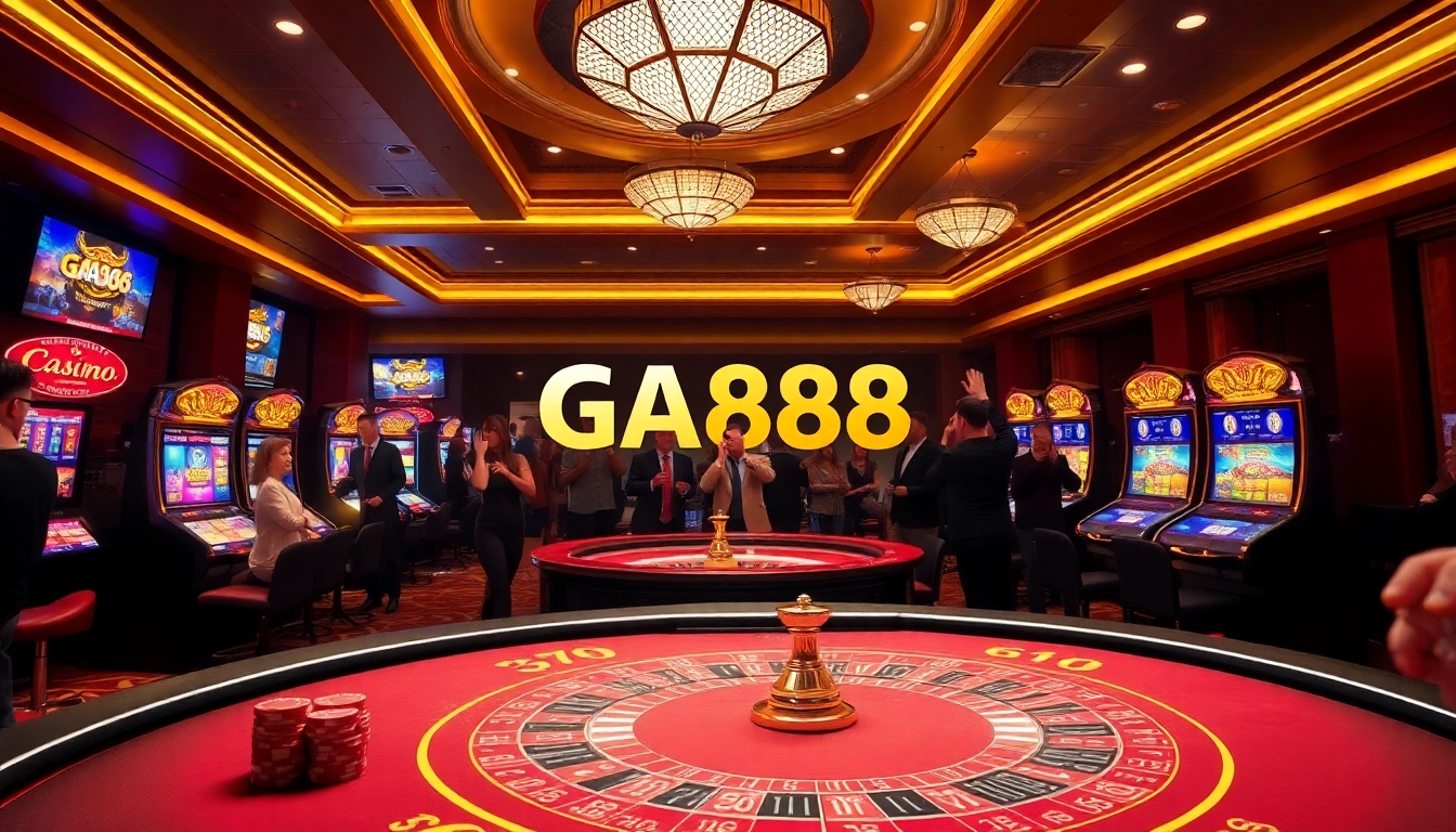Experience the excitement of GA888 with players enjoying poker and slot machines in a luxurious casino setting.