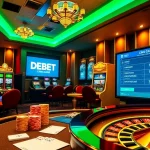 Cổng Game DEBET showcases a thrilling casino atmosphere with poker chips, slot machines, and a roulette wheel.