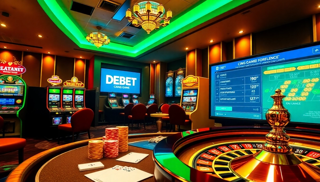 Cổng Game DEBET showcases a thrilling casino atmosphere with poker chips, slot machines, and a roulette wheel.