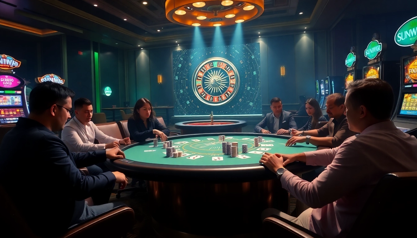 Experience the thrill of high-stakes poker at Sunwin Casino with vibrant chips and cards.