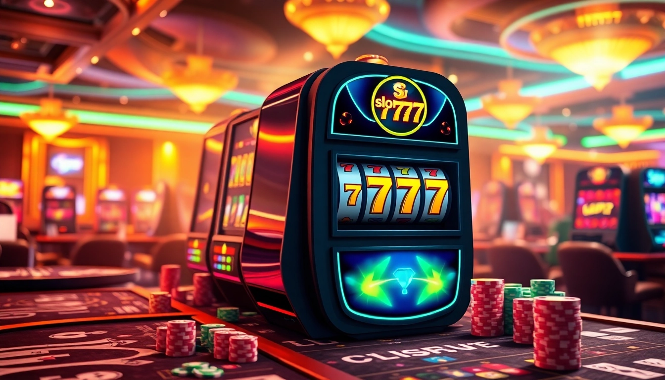 Players enjoying the excitement of slot777 at a vibrant casino with luxurious elements.