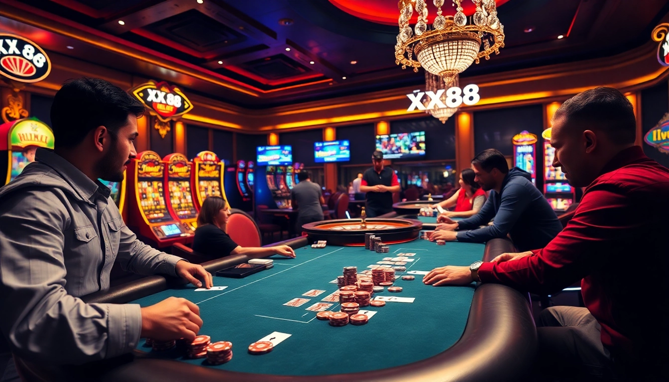 Exciting gambling action at XX 88 poker table with vibrant casino atmosphere.