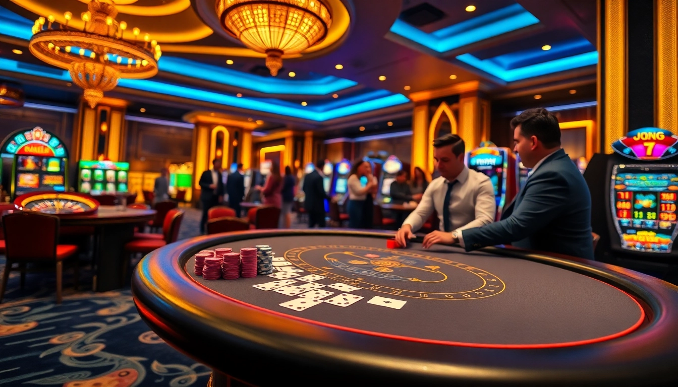 Experience the thrill of j88 gaming at a luxurious poker table in a vibrant casino.