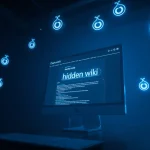 The Hidden Wiki URL illuminated on a digital screen, representing the dark web's anonymous services.