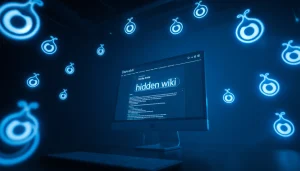 The Hidden Wiki URL illuminated on a digital screen, representing the dark web's anonymous services.