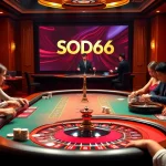 SODO66 casino table scene with players at poker and roulette, embodying excitement and luxury.