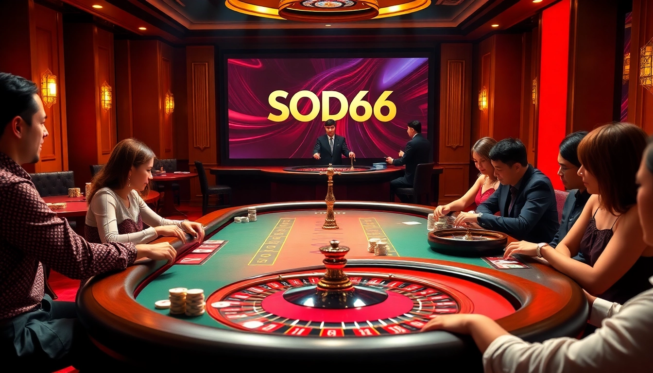 SODO66 casino table scene with players at poker and roulette, embodying excitement and luxury.