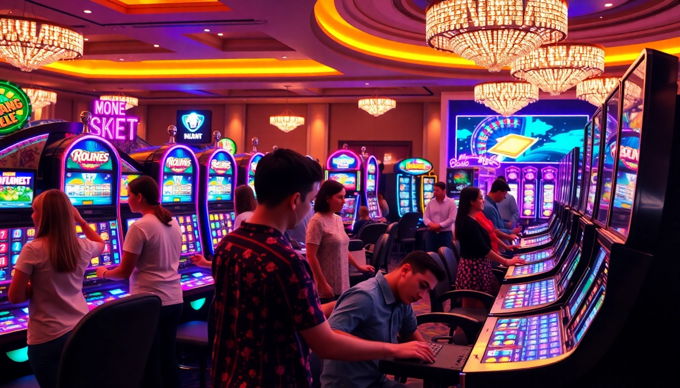 Players enjoying thrilling slot machines with vibrant graphics and sparkling lights in a lively casino.