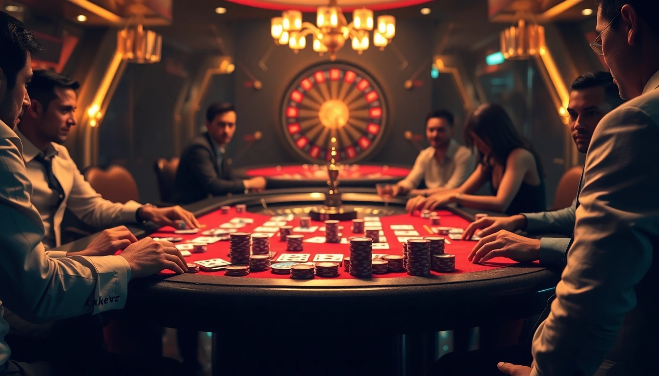 Excited gamblers engaging with hidden wiki tor-themed poker chips and sleek casino tables.