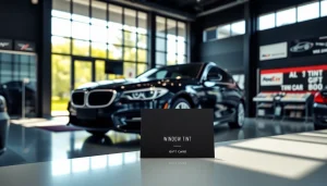 Promote window tint gift card displayed in a modern showroom highlighting sleek automotive design.