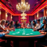 SODO casino players engaging in an intense poker game amid a vibrant setting filled with excitement.