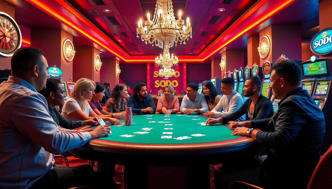 SODO casino players engaging in an intense poker game amid a vibrant setting filled with excitement.