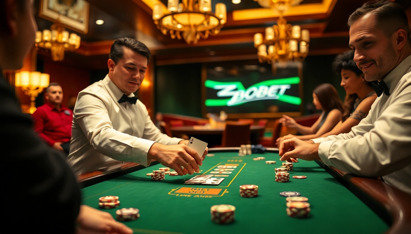 SBOBET poker table with players engaged, showcasing excitement and luxury in gambling.