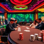 Players engage in high-stakes poker at VA88 casino, surrounded by vibrant slot machines and roulette wheels.