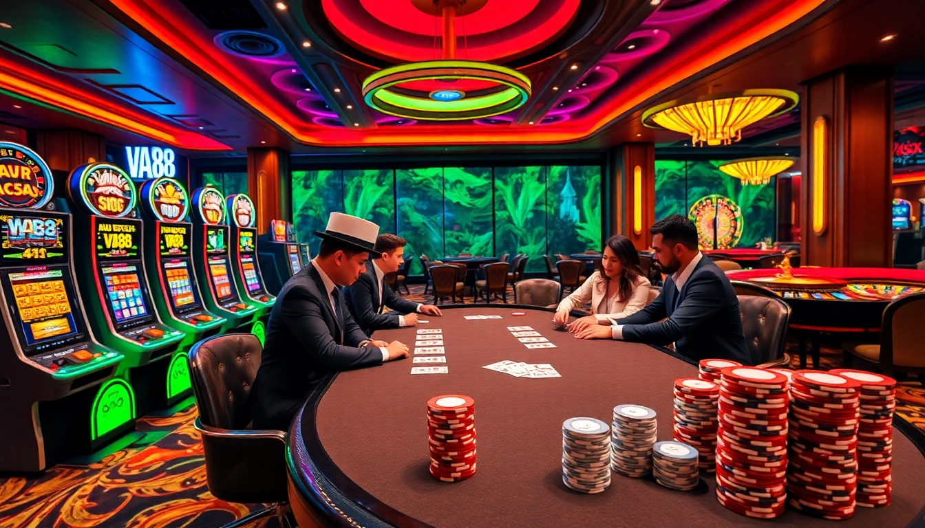Players engage in high-stakes poker at VA88 casino, surrounded by vibrant slot machines and roulette wheels.
