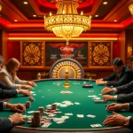 Okking players strategize at an elegant poker table in a luxurious casino setting.