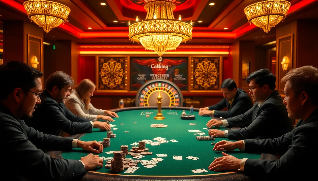 Okking players strategize at an elegant poker table in a luxurious casino setting.