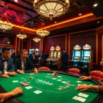 Excited players at a poker table in a luxurious casino setting, showcasing rikbet branding.