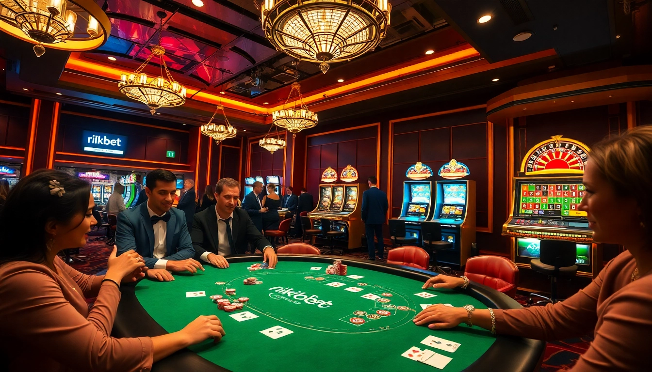 Excited players at a poker table in a luxurious casino setting, showcasing rikbet branding.