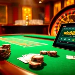 Engaging scene of win88 online gaming with vibrant casino elements like poker chips and cards.