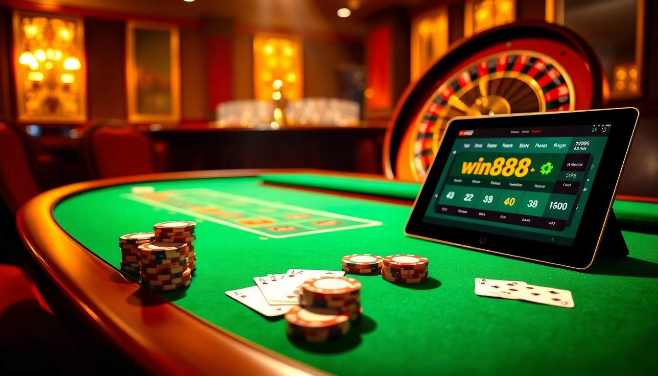 Engaging scene of win88 online gaming with vibrant casino elements like poker chips and cards.