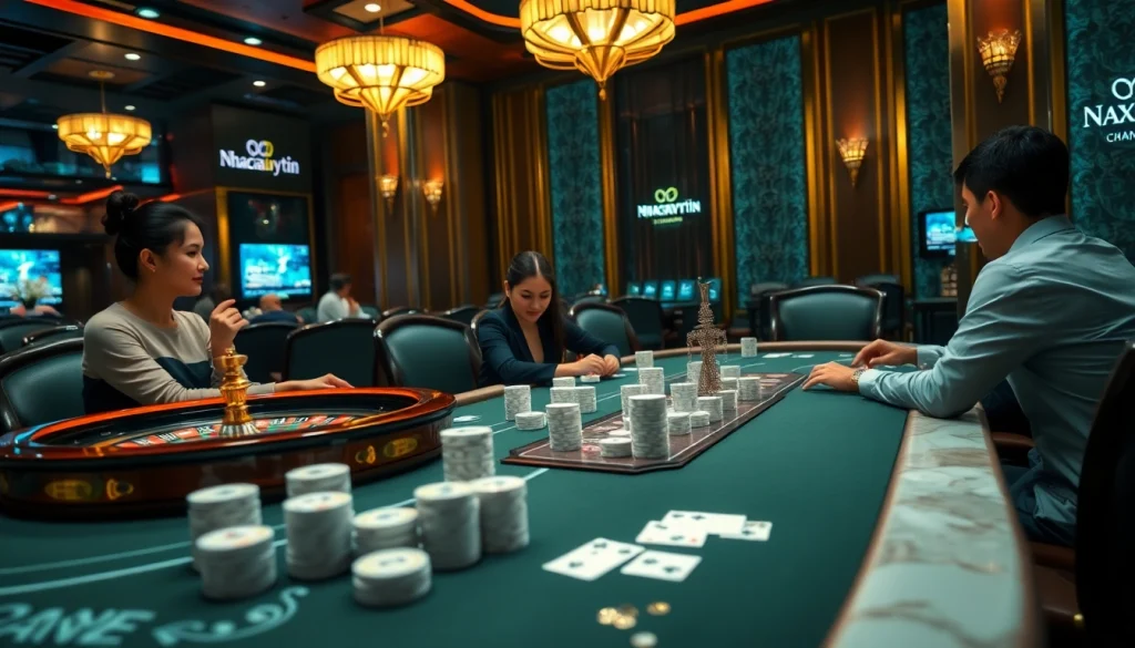 Engaged gamblers at a stylish casino table, featuring Nhacaiuytin branding and exciting gameplay.