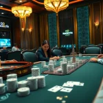 Engaged gamblers at a stylish casino table, featuring Nhacaiuytin branding and exciting gameplay.