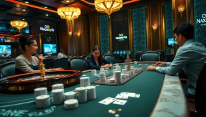 Engaged gamblers at a stylish casino table, featuring Nhacaiuytin branding and exciting gameplay.
