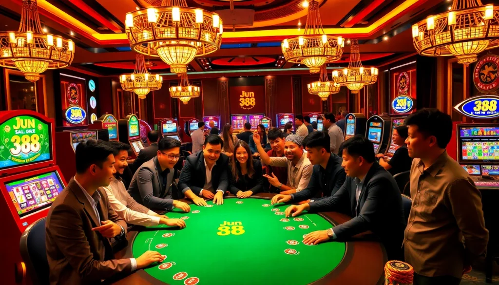 Players enjoy a thrilling game of poker at Jun 88's luxurious casino, experiencing excitement and professionalism.