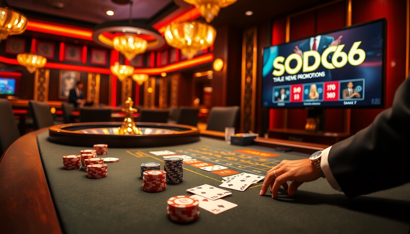 SODO66 engaging casino scene with poker table, roulette wheel, and elegant players.