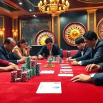 Exciting scene at nhà cái dh88 with players engaged in a high-stakes poker game amidst colorful chips and a roulette.