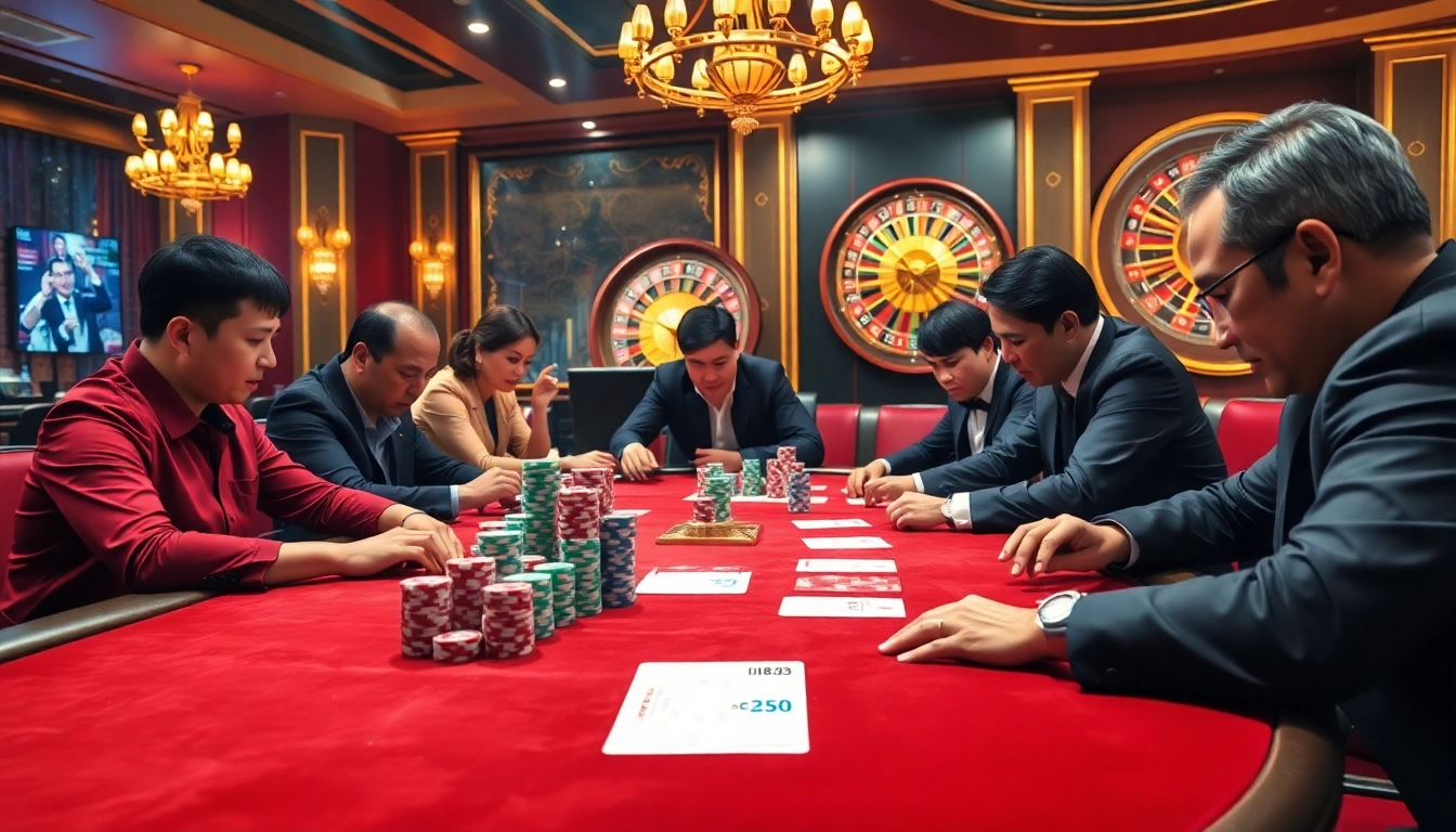 Exciting scene at nhà cái dh88 with players engaged in a high-stakes poker game amidst colorful chips and a roulette.