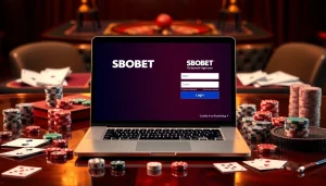 The image portrays the SBOBET login interface amidst luxury casino elements like poker chips and cards.