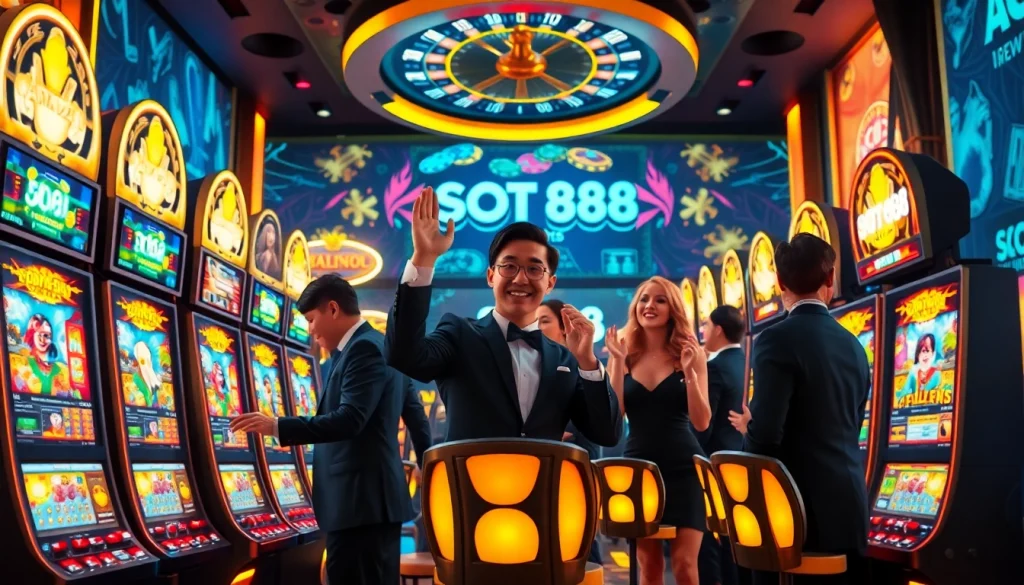 SLOT888 offers an exciting atmosphere with vibrant slot machines, poker chips, and roulette wheels illustrating the thrill of gambling.