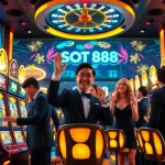 SLOT888 offers an exciting atmosphere with vibrant slot machines, poker chips, and roulette wheels illustrating the thrill of gambling.