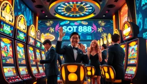 SLOT888 offers an exciting atmosphere with vibrant slot machines, poker chips, and roulette wheels illustrating the thrill of gambling.