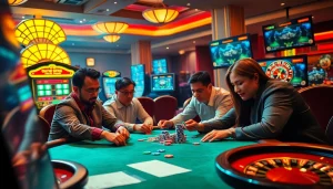 Players enjoying a thrilling poker game at a luxurious casino while using situs11 daftar for betting.