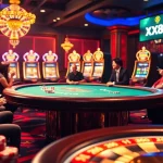 Gambers enjoying a lively casino experience at nhà cái XX88 with poker tables and vibrant slot machines.