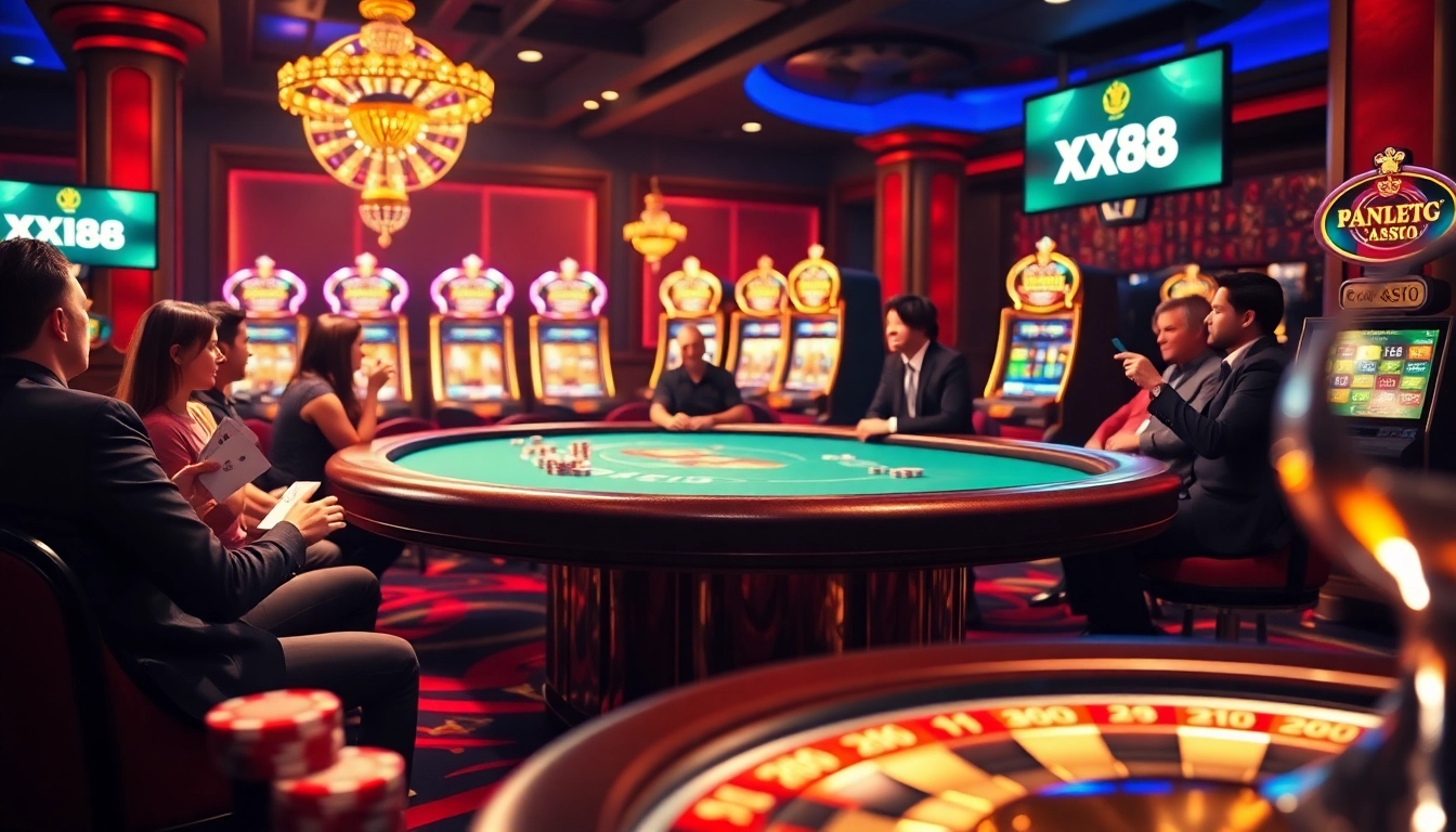 Gambers enjoying a lively casino experience at nhà cái XX88 with poker tables and vibrant slot machines.