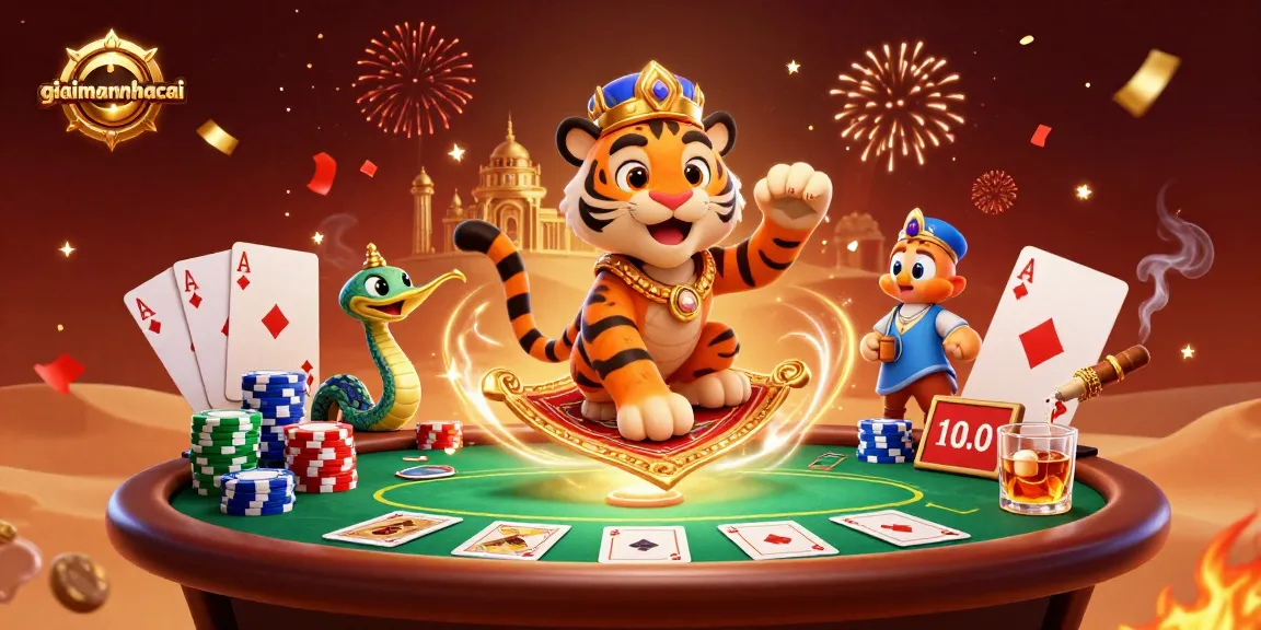 Engage with giaimanhacai's vibrant 3D casino scene featuring a magical sultan and thrilling poker elements.