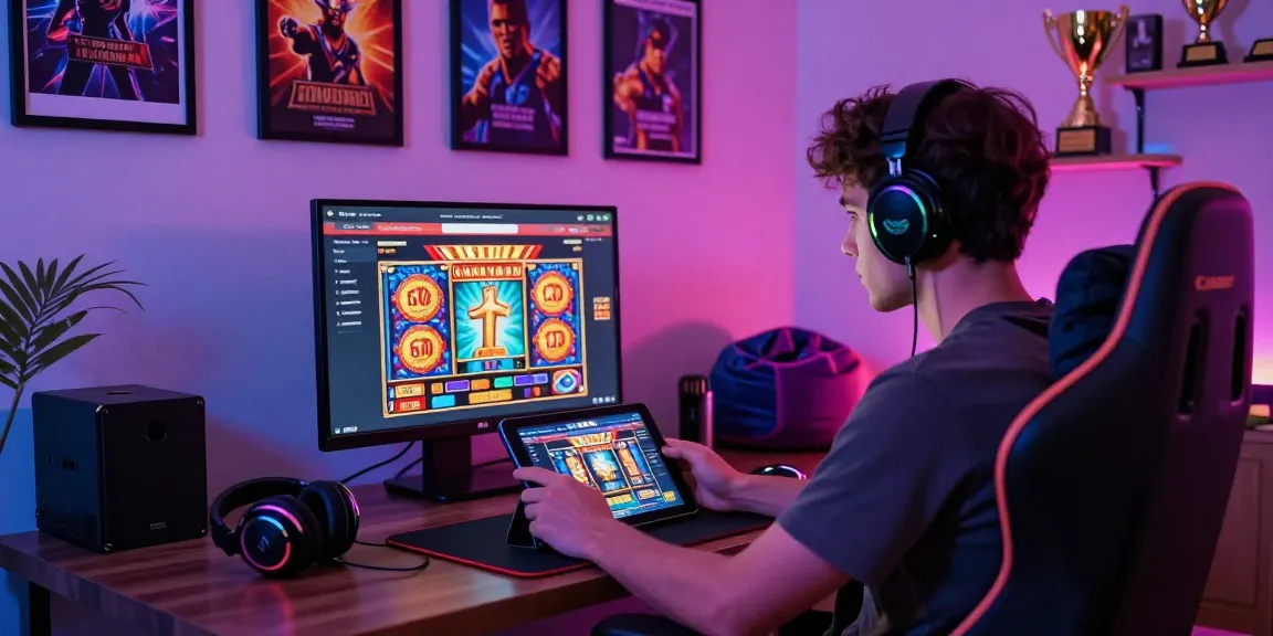 A gamer exploring exciting new online slot sites on a tablet amidst colorful slot graphics and vibrant gaming accessories.