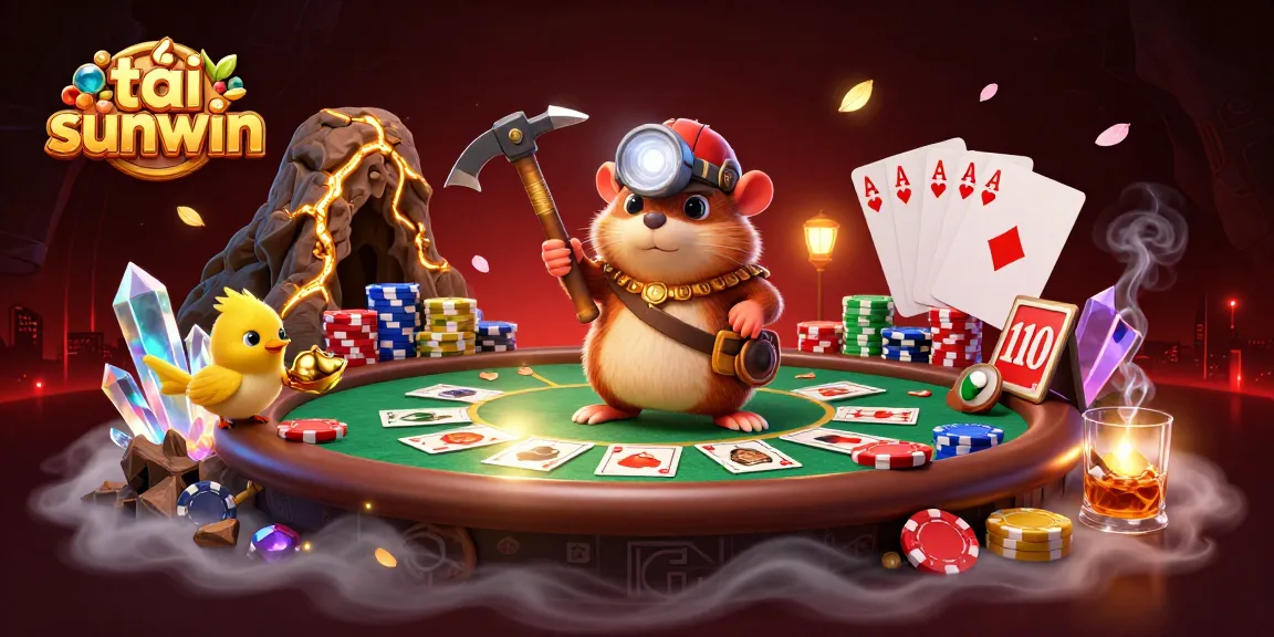 Engage with the exciting tải sunwin game amid a treasure-filled cave backdrop, lively poker scene, showcasing vibrant casino elements.